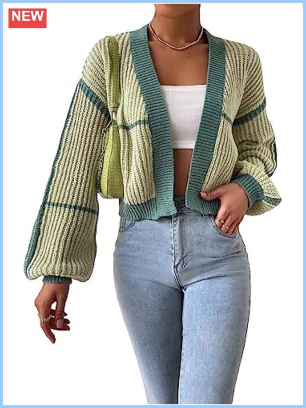 Color Block Crop Cardigan Bishop Long Sleeve Open Front Striped Sweater